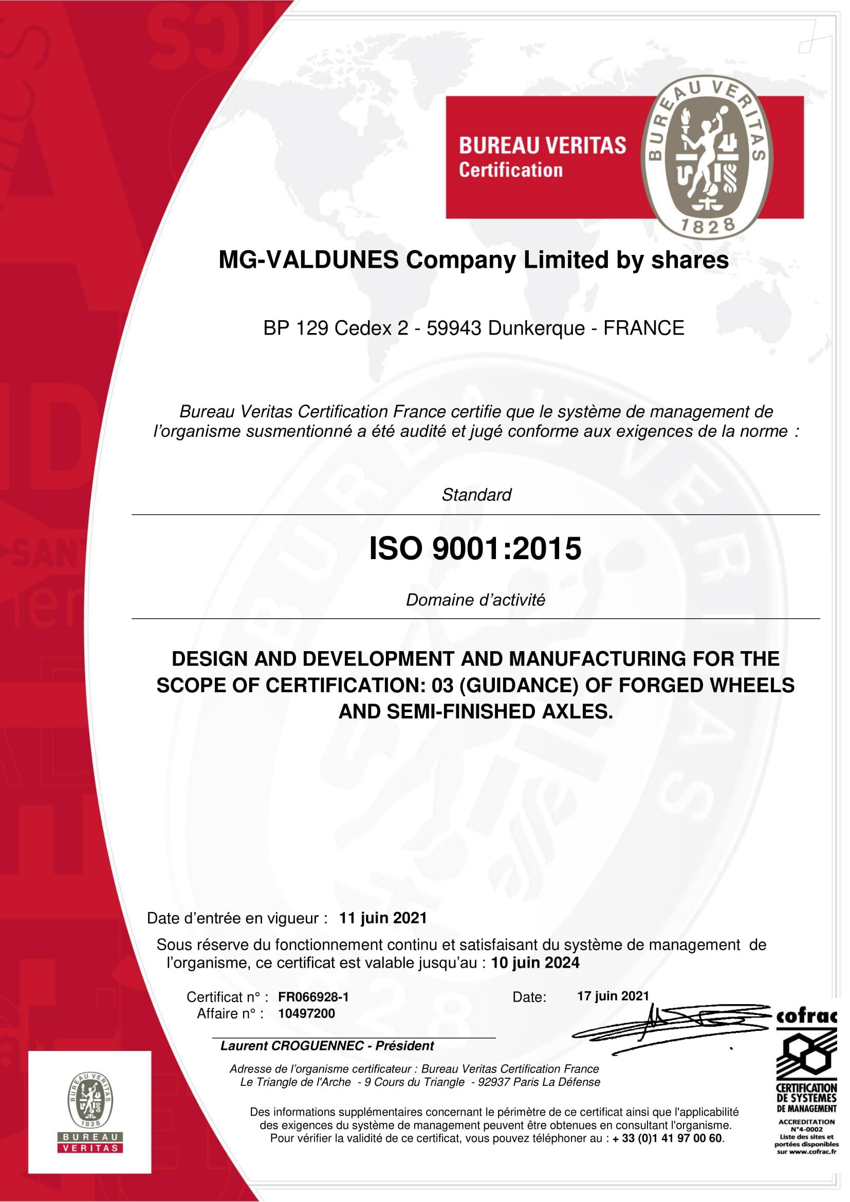 ISO 9001-2015 VALDUNES INDUSTRIES DUNKERQUE